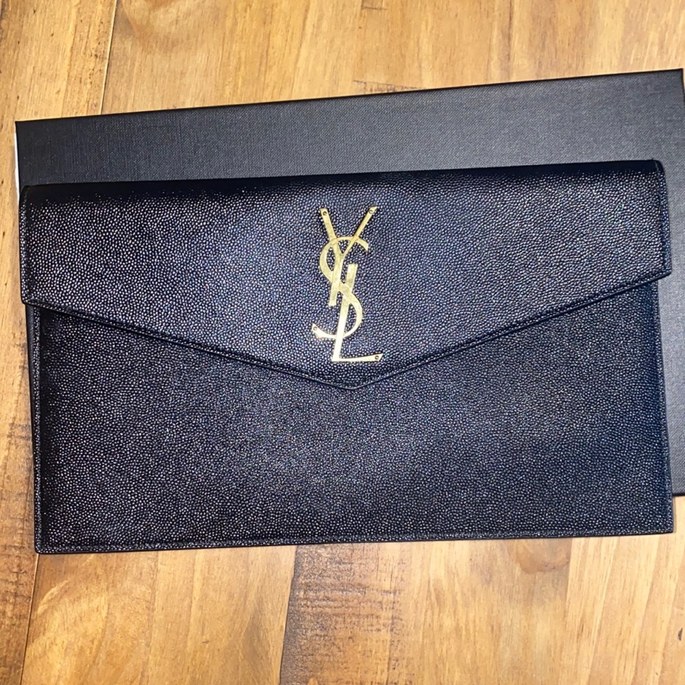YSL black clutch with gold hardware